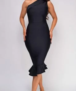 Emprada Dresses Luna Black Asymmetric Ruffle Bottom Bandage Dress