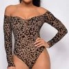 Emprada Adaliah Leopard Print Brown Off Shoulder Bodysuit