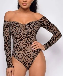 Emprada Adaliah Leopard Print Brown Off Shoulder Bodysuit