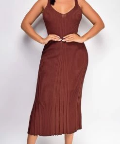 Emprada Londyn Brown Ribbed Midi Dress Dresses