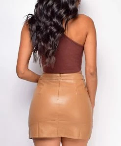 Emprada Bottoms Noya Beige Slit PU Leather Skirt