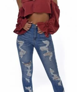 Emprada Jona Brick Red Cold Shoulder Crop Top