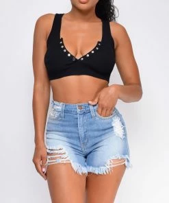 Emprada Bottoms Tasman Blue Ripped Frayed Super High Waist Denim Shorts