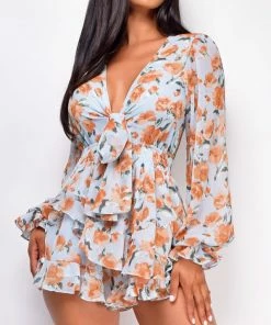 Emprada Leonara Blue Orange Floral Print Romper
