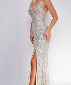 Emprada Sivan Nude Silver Cowl Neck Side Slit Sequin Gown Dresses