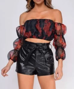 Emprada On Fire Black Organza Off Shoulder Crop Top