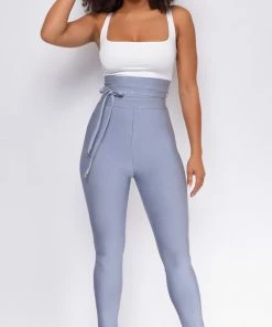Emprada Hara Blue Grey High Waist Belted Bandage Pants Bottoms