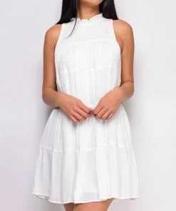 Emprada Misty White Mock Neck Sleeveless Flowy Mini Dress Dresses