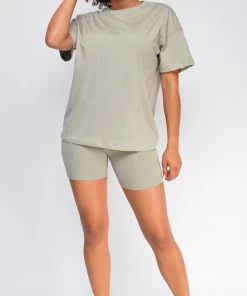 Emprada Oversized Olive Green T-Shirt And Biker Short Two Piece Set