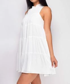 Emprada Misty White Mock Neck Sleeveless Flowy Mini Dress Dresses