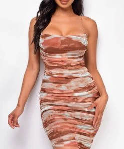 Emprada Manisa Brown Multi Color Print Mesh Ruched Dress