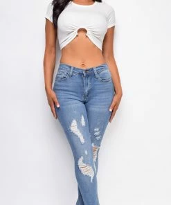 Emprada Zaiden Blue Distressed Slit Hem Jeans Bottoms 8 Emprada Zaiden Blue Distressed Slit Hem Jeans Bottoms