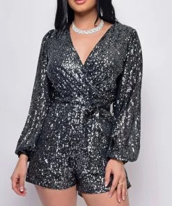 Emprada Jumpsuits & Rompers Anja Black Sequin Wrap Over V Neck Long Sleeve Romper