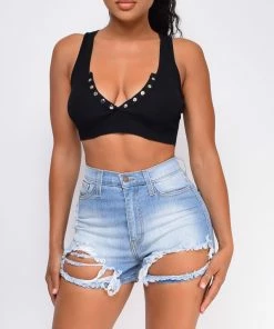 Emprada Georgia Blue Ripped Destroyed High Waist Denim Shorts Bottoms