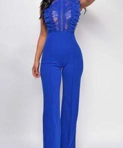 Emprada Jumpsuits & Rompers Vanna Blue Crochet Flared Leg Jumpsuit