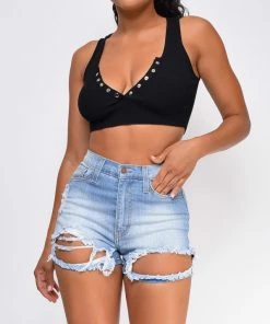 Emprada Georgia Blue Ripped Destroyed High Waist Denim Shorts Bottoms