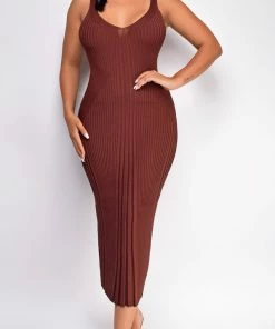 Emprada Londyn Brown Ribbed Midi Dress Dresses