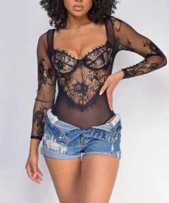 Emprada Tops Neda Black Lace Mesh Bodysuit