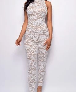 Emprada Maddie White Mock Neck Lace Jumpsuit