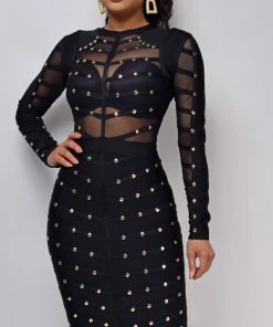 Emprada Dresses Mio Black Studded Mesh Bandage Dress