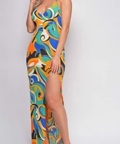 Emprada Dresses Alia Green Multi Color Cross Back Maxi Dress