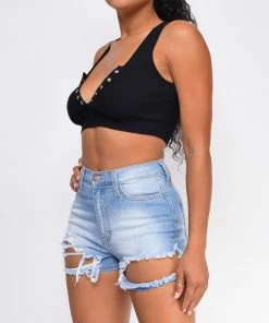 Emprada Georgia Blue Ripped Destroyed High Waist Denim Shorts Bottoms