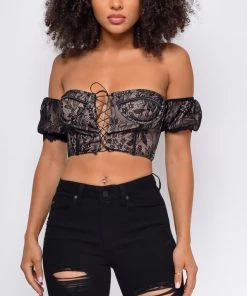 Emprada Tops Petal Black Lace Puff Sleeve Bustier Top