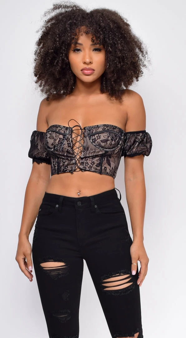 Emprada Tops Petal Black Lace Puff Sleeve Bustier Top 1 Emprada Tops Petal Black Lace Puff Sleeve Bustier Top