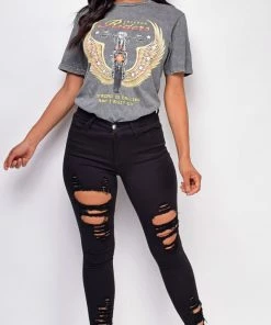 Emprada Tops Freedom Riders Grey Boyfriend Graphic Tee