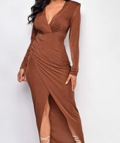 Emprada Xena Brown Wrap Long Sleeve Maxi Dress