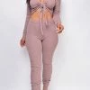 Emprada Freyja Beige Fuzzy High Waist Jogger Lounge Set Sale Dresses