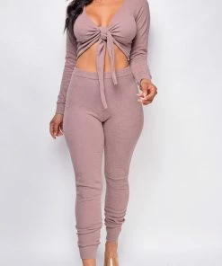Emprada Freyja Beige Fuzzy High Waist Jogger Lounge Set Sale Dresses