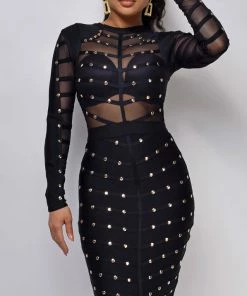 Emprada Dresses Mio Black Studded Mesh Bandage Dress