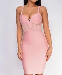 Emprada Casella Pink V Neck Bustier Mesh Bandage Dress Dresses