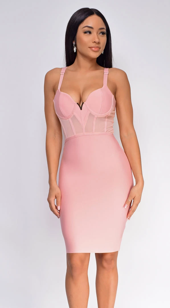 Emprada Casella Pink V Neck Bustier Mesh Bandage Dress Dresses 1 Emprada Casella Pink V Neck Bustier Mesh Bandage Dress Dresses
