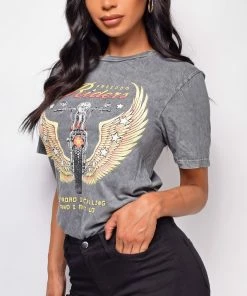 Emprada Tops Freedom Riders Grey Boyfriend Graphic Tee