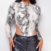 Emprada Soha White Grey Snake Skin Print Bodysuit Tops