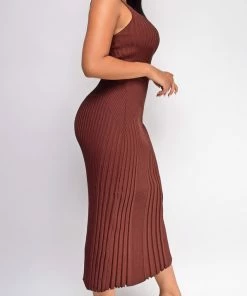 Emprada Londyn Brown Ribbed Midi Dress Dresses