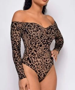 Emprada Adaliah Leopard Print Brown Off Shoulder Bodysuit