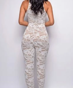 Emprada Maddie White Mock Neck Lace Jumpsuit 6 Emprada Maddie White Mock Neck Lace Jumpsuit