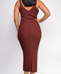 Emprada Londyn Brown Ribbed Midi Dress Dresses