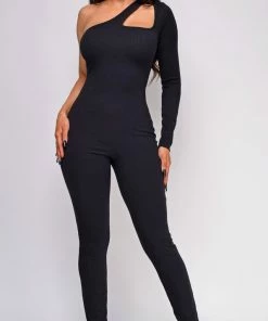 Emprada Want It All Black Ribbed One Shoulder Jumpsuit Jumpsuits & Rompers