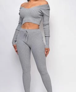 Emprada Mel Grey Ribbed Off Shoulder Set