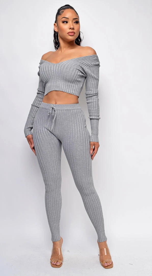 Emprada Mel Grey Ribbed Off Shoulder Set 1 Emprada Mel Grey Ribbed Off Shoulder Set