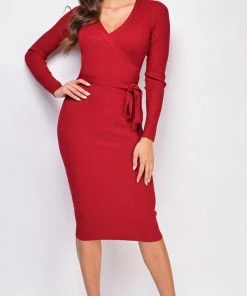 Emprada Evie Red Knit Ribbed Midi Dress Dresses