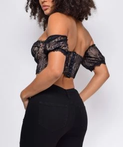 Emprada Tops Petal Black Lace Puff Sleeve Bustier Top