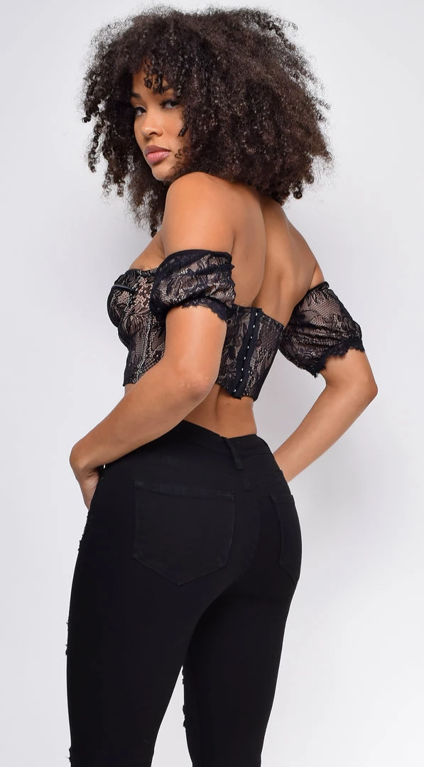Emprada Tops Petal Black Lace Puff Sleeve Bustier Top 2 Emprada Tops Petal Black Lace Puff Sleeve Bustier Top