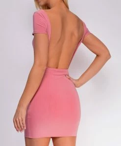 Emprada Cenza Pink Front Knot Open Back Short Sleeves Mini Dress