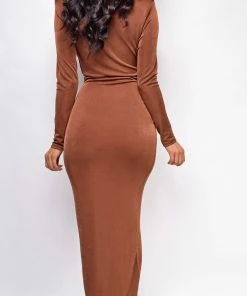 Emprada Xena Brown Wrap Long Sleeve Maxi Dress