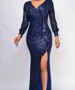 Emprada Marca Navy Blue Long Sleeve Side Slit Ruffle Gown Dresses